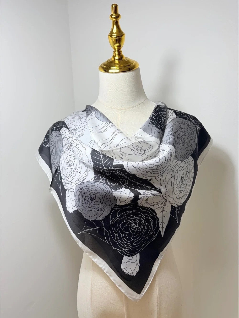 Black and White Floral Scarf with Rose Pattern